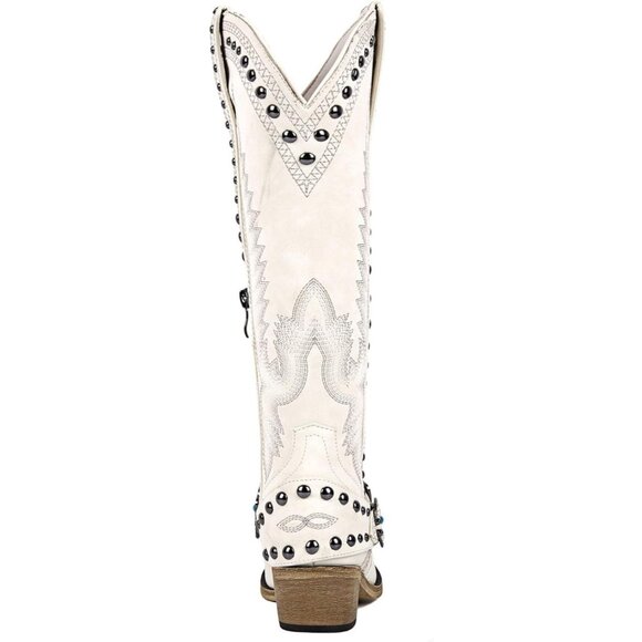 Women's White Knee High Western Cowgirl Boots with Embroidery Belt Buckle - Picture 4 of 5